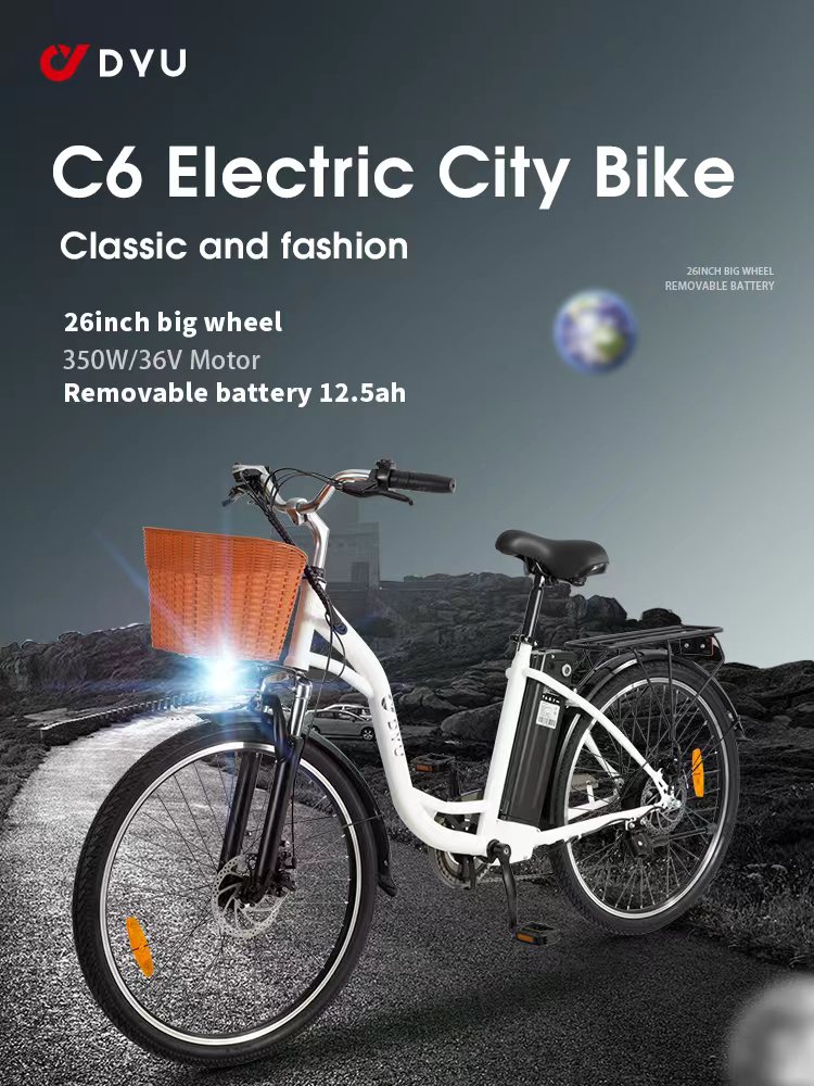 C6 bicicleta eléctrica de ciudad clásica y de moda 26 pulgadas rueda grande 350w 36v motor batería extraíble 12 6ah